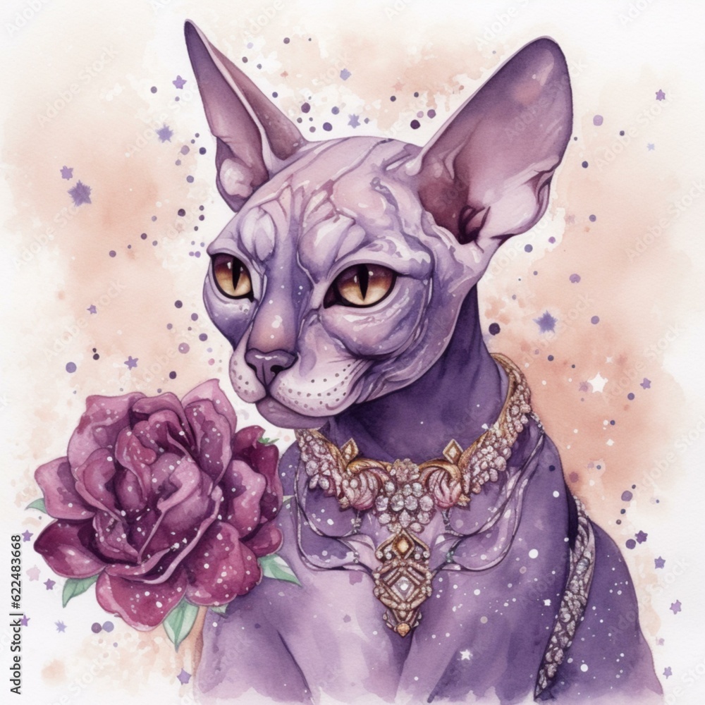 Illustration of a Sphynx cat and a rose