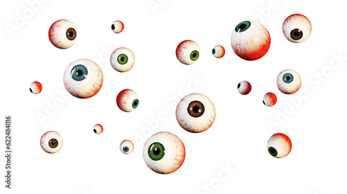Chaotically falling human eyes, backdrop. Realistic human eyes. Multi colored bloody eyeballs, 3d rendering