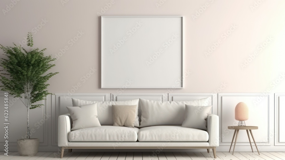Minimalistic Modern White Wooden Interior Mock-Up with Blank Frame. Generative AI illustration. Minimalistic Modern White Wooden Interior Mock-Up with Blank Frame. Generative AI illustration.