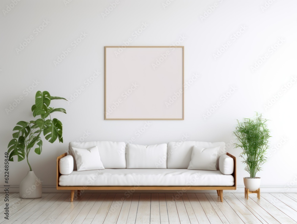 Minimalistic Modern White Wooden Interior Mock-Up with Blank Frame. Generative AI illustration. Minimalistic Modern White Wooden Interior Mock-Up with Blank Frame. Generative AI illustration.