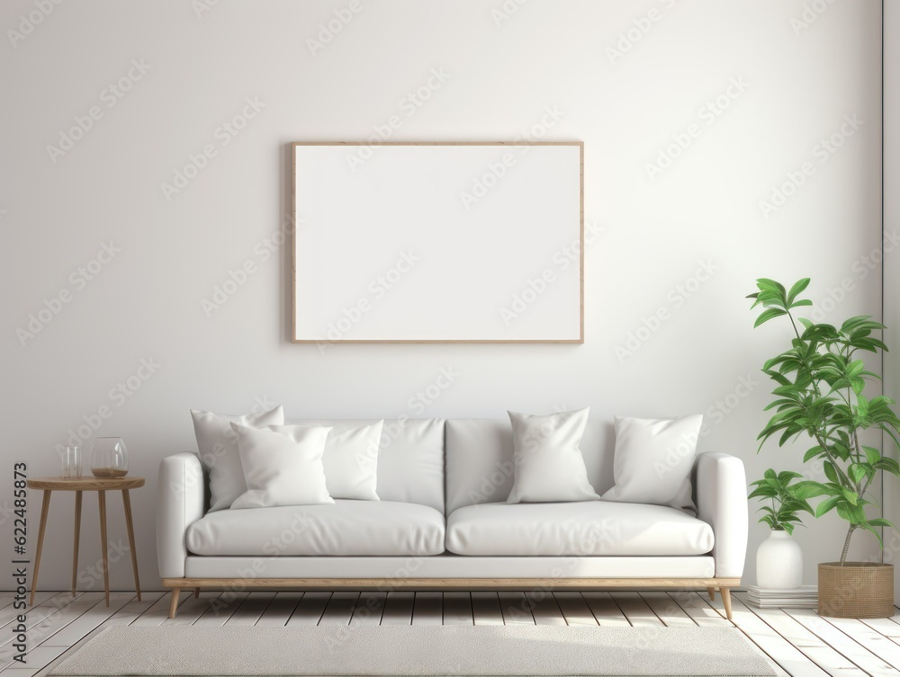 Minimalistic Modern White Wooden Interior Mock-Up with Blank Frame. Generative AI illustration. Minimalistic Modern White Wooden Interior Mock-Up with Blank Frame. Generative AI illustration.