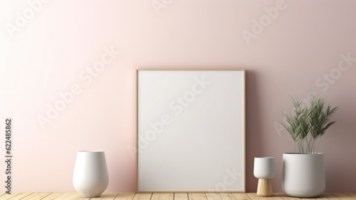 Minimalistic Modern White Wooden Interior Mock-Up with Blank Frame. Generative AI illustration. © Tuyres