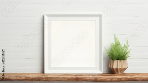 Minimalistic Modern White Wooden Interior Mock-Up with Blank Frame. Generative AI illustration. © Tuyres