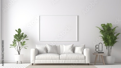 Minimalistic Modern White Wooden Interior Mock-Up with Blank Frame. Generative AI illustration.