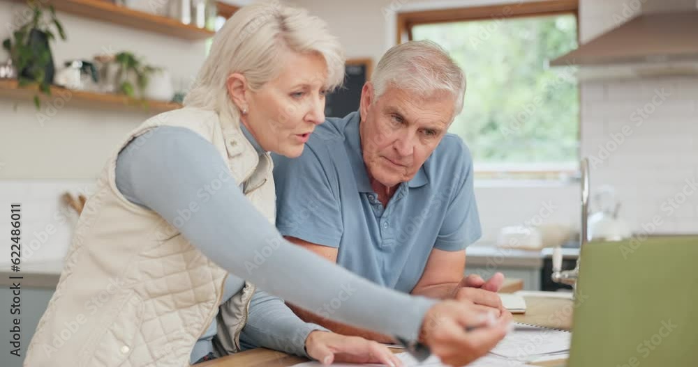 Finance, budget and senior couple on laptop with bills, paperwork and documents for retirement planning. Life insurance, computer and elderly man and woman talking for pension, payment and investment Finance, budget and senior couple on laptop with bills, paperwork and documents for retirement planning. Life insurance, computer and elderly man and woman talking for pension, payment and investment