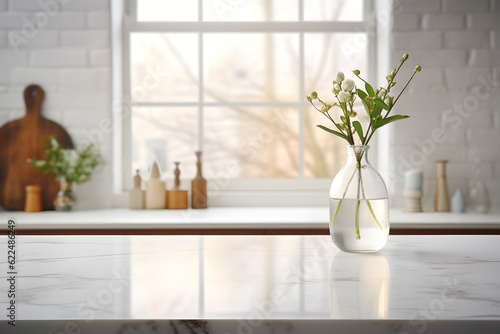 Marble Stone Countertop Table on a White Kitchen Backdrop for Product Presentation