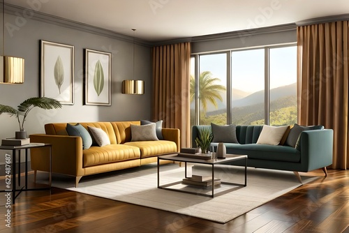 Boho style home interior, living room in warm brown color, 3d render. © Nyetock