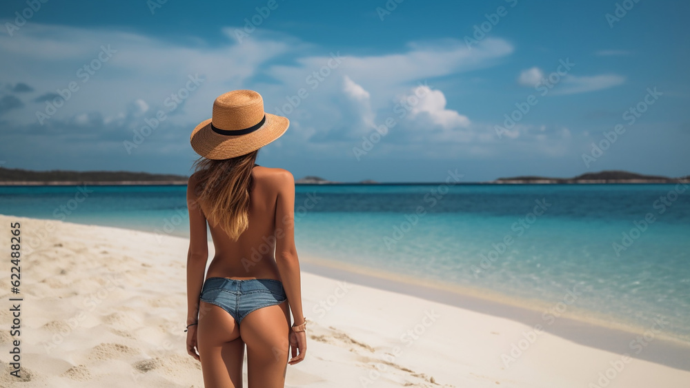 Beautiful young woman on a sandy tropical sea beach, view from the back. Generative AI