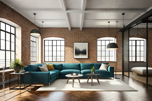 Living room interior in loft, industrial style, 3d render. Modern living room. 