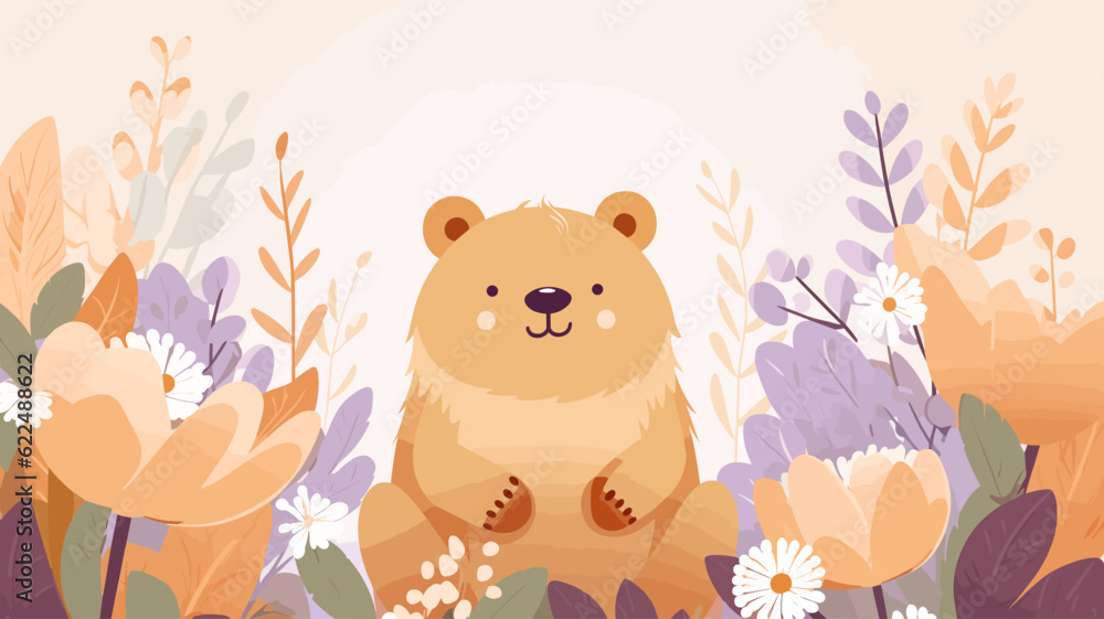 Vector illustration of a cute bear and flower field. Vector illustration of a cute bear and flower field.