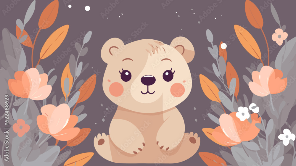 Vector illustration of a cute bear and flower field. Vector illustration of a cute bear and flower field.