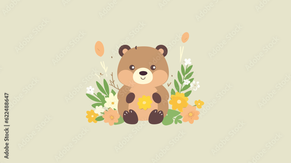 Vector illustration of a cute bear and flower field. Vector illustration of a cute bear and flower field.