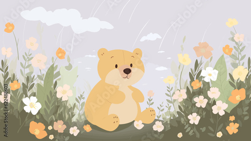 Vector illustration of a cute bear and flower field.
