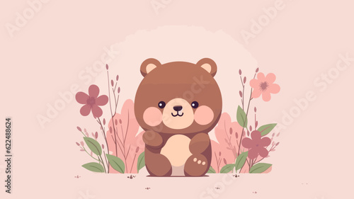 Vector illustration of a cute bear and flower field.