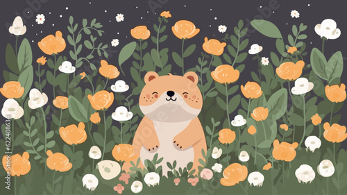 Vector illustration of a cute bear and flower field.