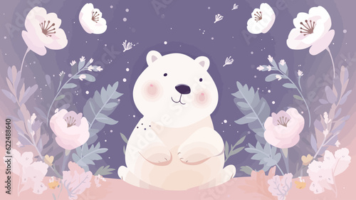 Vector illustration of a cute bear and flower field.