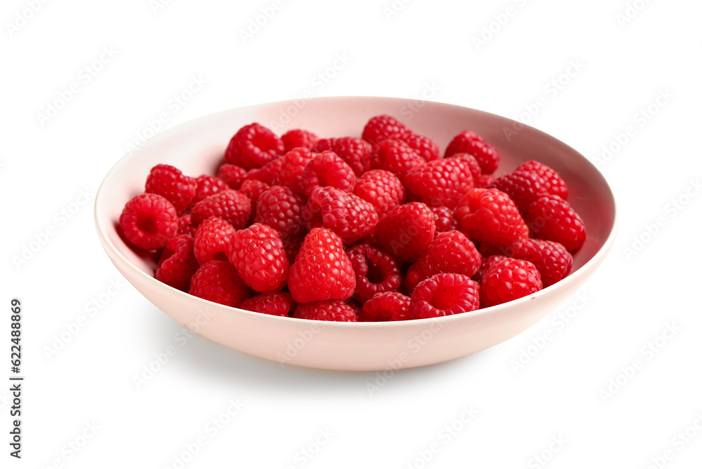 Bowl of fresh raspberries on white background Bowl of fresh raspberries on white background