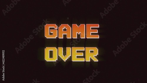 Retro Style Game Over Glitch Text Animation Effect on Old TV Interference or VHS Screen.  Retro video game screen with glitch. 4k