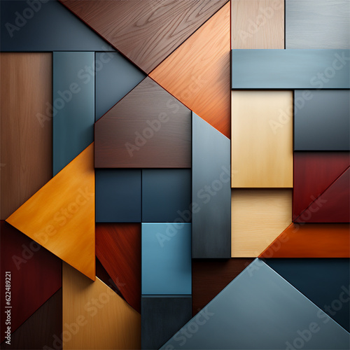 Moderno quadro geométrico montado em madeira pintada criado por IA.