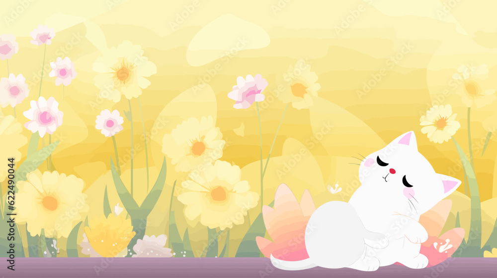 Vector illustration of cute cat and flower field. Vector illustration of cute cat and flower field.