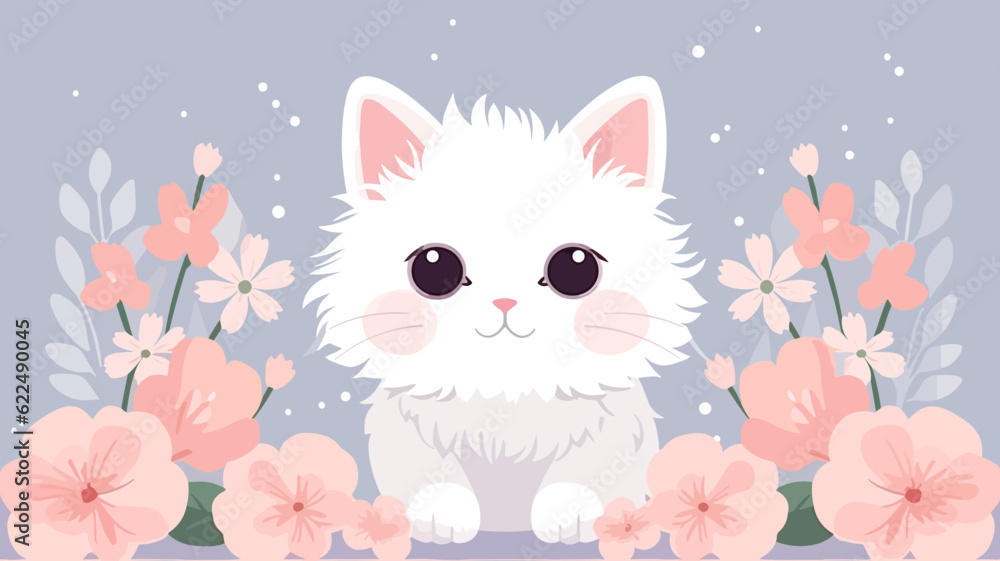 Vector illustration of cute cat and flower field. Vector illustration of cute cat and flower field.