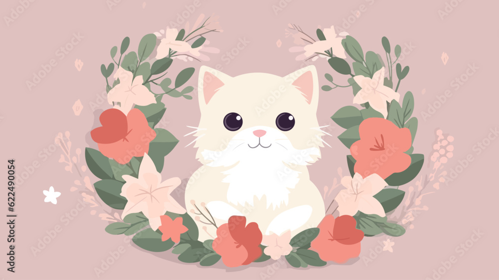 Fototapeta premium Vector illustration of cute cat and flower field.