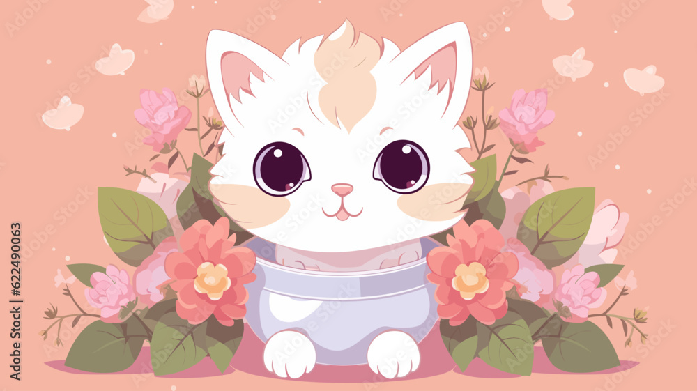 Vector illustration of cute cat and flower field. Vector illustration of cute cat and flower field.