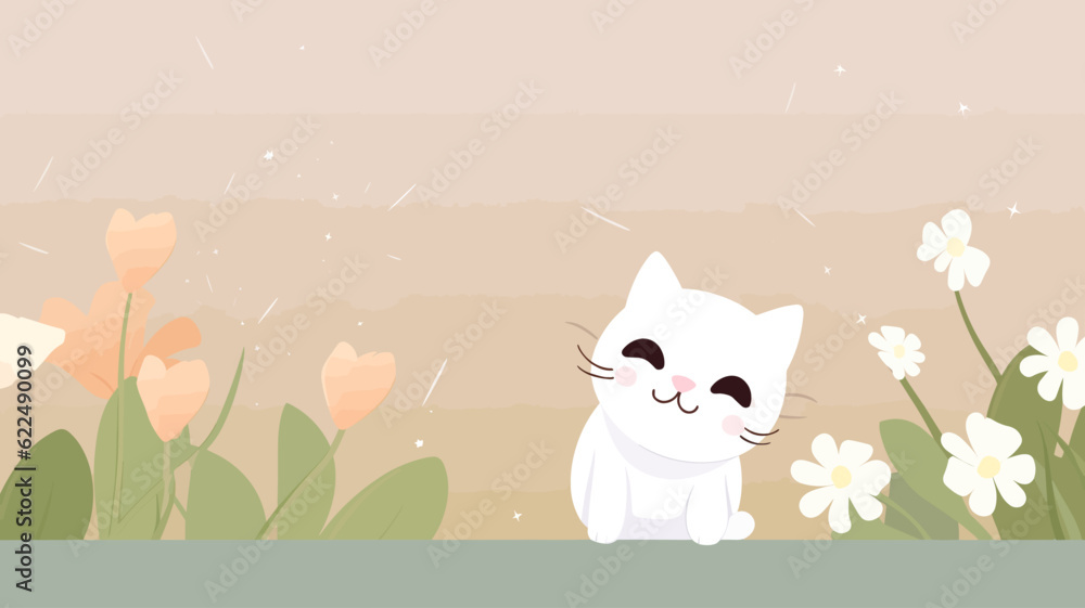 Vector illustration of cute cat and flower field.