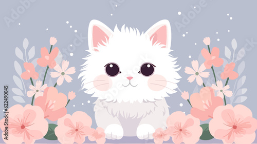 Vector illustration of cute cat and flower field.