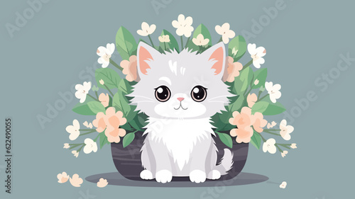 Vector illustration of cute cat and flower field.