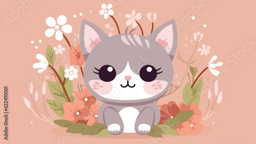 Vector illustration of cute cat and flower field.