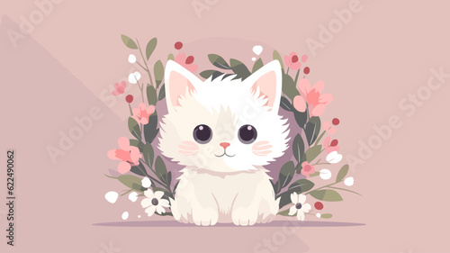 Vector illustration of cute cat and flower field.