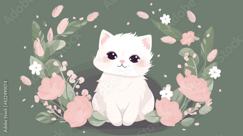 Vector illustration of cute cat and flower field.