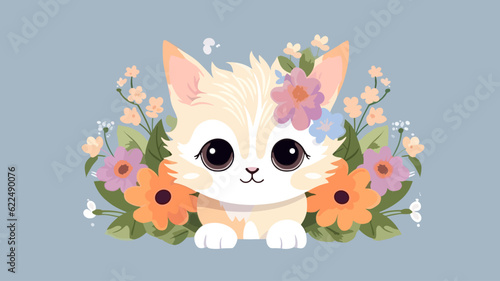 Vector illustration of cute cat and flower field.