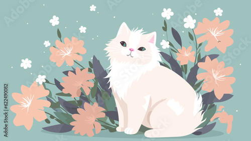 Vector illustration of cute cat and flower field.