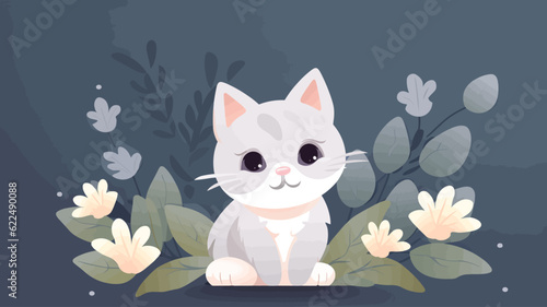 Vector illustration of cute cat and flower field.