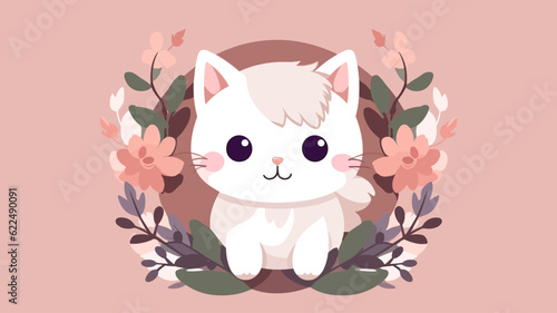 Vector illustration of cute cat and flower field.
