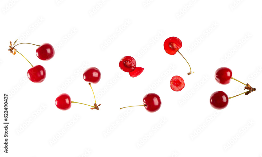 Flying red sweet cherries on white background Flying red sweet cherries on white background