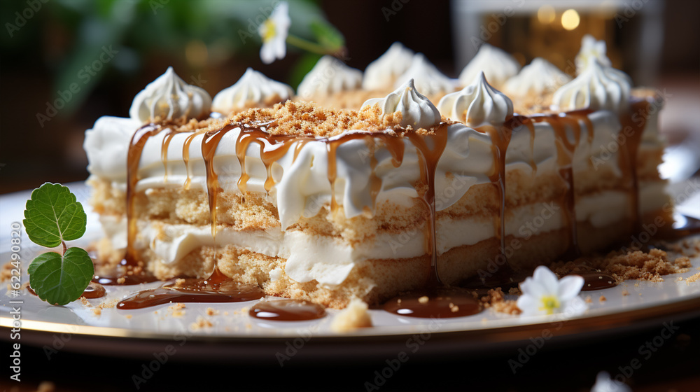 photo of cake decorated with cream, generative ai