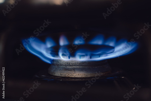 close up of the blue flames on a gas burning range or stove.