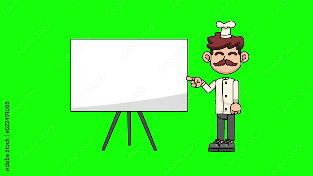 Character of a chef doing a presentation beside a whiteboard, green background animation
Character of a chef doing a presentation beside a whiteboard, green background animation