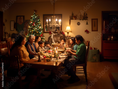 Hispanic family sitting at the table enjoying traditional Latin American Christmas dinner