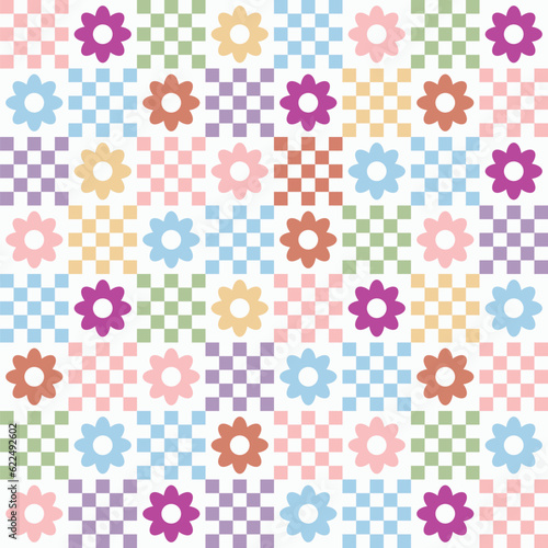 Seamless geometric floral gingham tartan check plaid for dress, scarf, skirt, picnic tablecloth, other fabric design, Spring vector pattern with flower