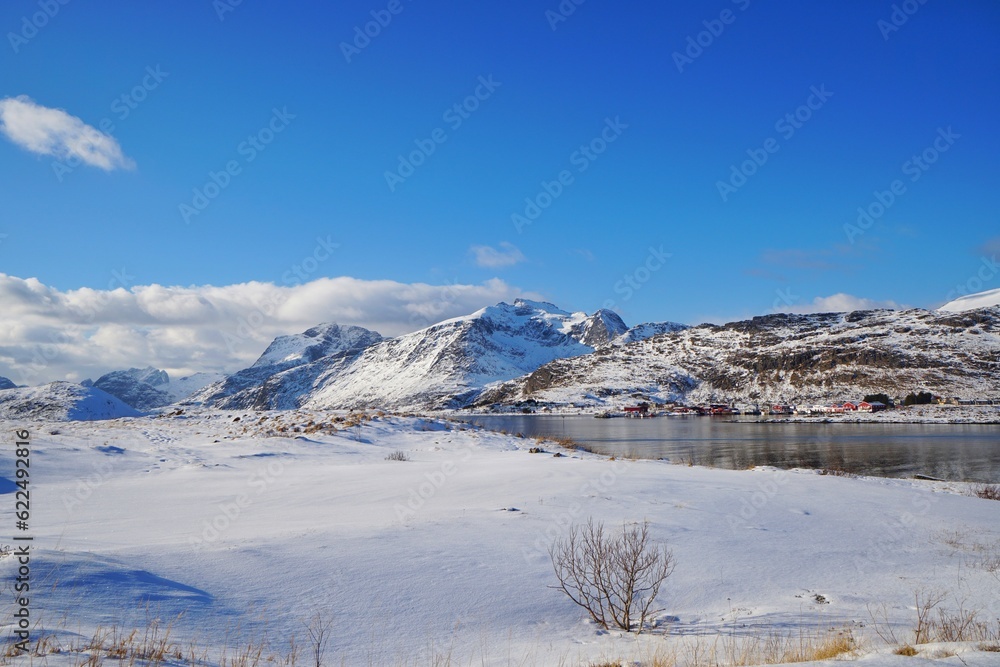 Snow mountain view in winter season at Lofoten, Norway, Europe. 