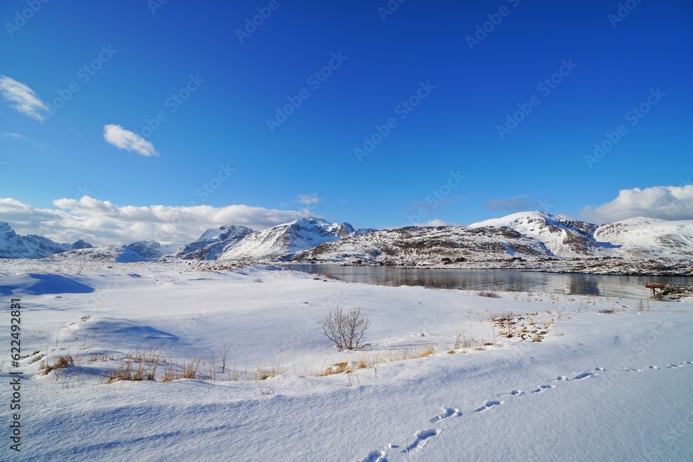 Snow mountain in winter season at Lofoten, Norway, Europe. 