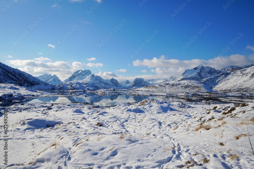 Beautiful snow mountain in winter season at Norway, Europe. 
