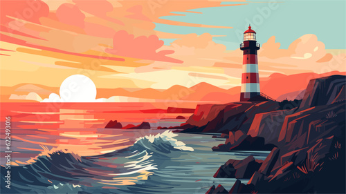 Illustration of Lighthouse on sea coast. Summer sunset landscape of ocean beach with beacon, building on cliff. Vector cartoon illustration of seascape with nautical navigation tower.