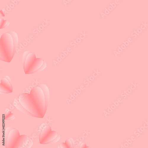 Valentines hearts postcard. Paper flying elements on pink background. Vector symbols of love in shape of heart for Valentine's Day, Happy Women's, Mother's, birthday greeting card design.