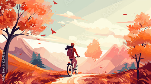 Illustration of Hello Autumn beautiful girl riding with bicycle. Hello Autumn Vector illustration with beautiful nature background.
