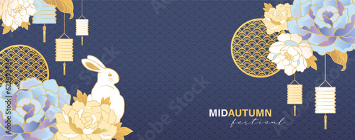 Tableau sur toile Mid Autumn Festival banner design with beautiful blossom flowers, lanterns and rabbit